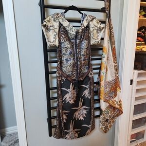 Byron Lars Black and Brown Patterned Midi Dress